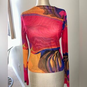 AKIRA Pink Orange Purple Abstract Print Long Sleeve mesh Top